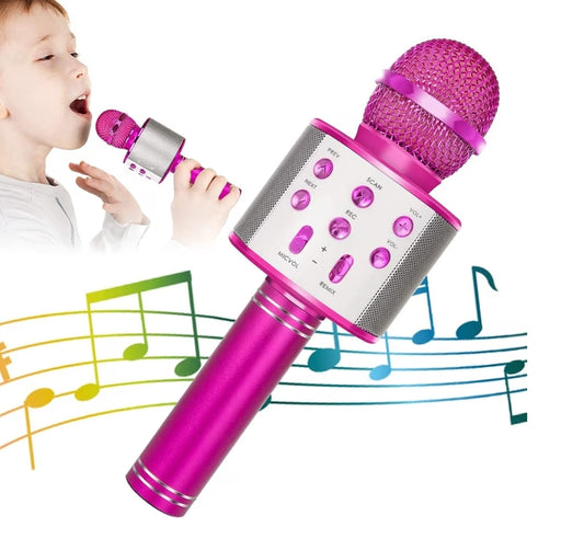 Wireless BT 5-in-1 Portable Handheld Karaoke Mic Speaker Player Recorder w/ Adjustable Remix FM Radio for Kids - Hot Pink