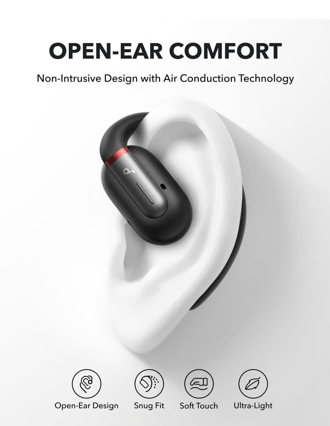 Soundcore by Anker V30i Open-Ear Headphones, Ultra-Comfort, Lightweight Design, Snug Fit, Ergonomic Ear Hooks, Robust Bass, 36H Playtime, Bluetooth 5.3, App Control, Clear Calls, Wireless Earbuds