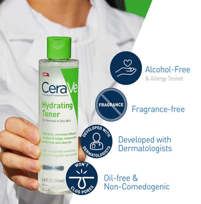 CeraVe Hidraterende Tonikum vir Gesig Nie-Alkoholies met Hialuronzuur, Niasienamied en Seramiede vir Sensitiewe Droë Vel, Reukloos (6.8 Fl Oz)