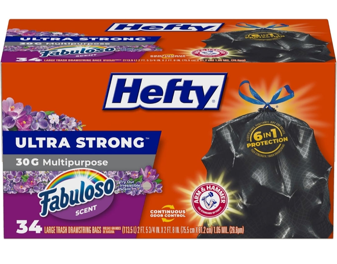 Hefty Ultra Strong 30 Gallon Trash Bags 30 Gallon Size Drawstring Closure (Black) Fabuloso Scent