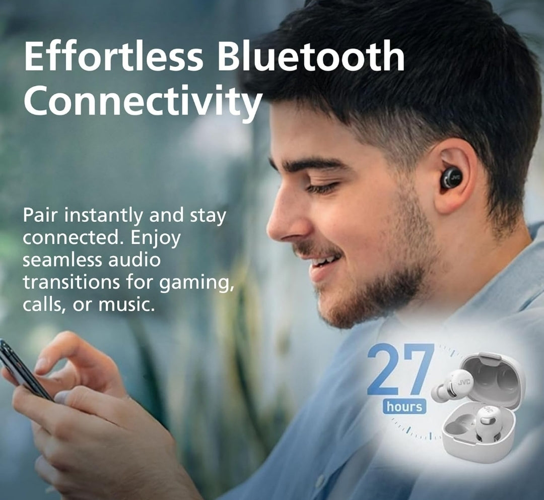 JVC Regte Draadlose Kompakte Oorfone – Aktiewe Geraaskansellasie - Bluetooth 5.3 Oorfone vir iPhone, Android - 27 Uur Speeltyd, Lae Latency Modus - IPX4 Sweet-/Reënbestand, Vinniglaai-houer, Mikrofone