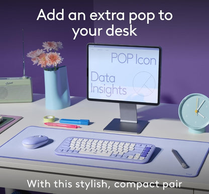 Logitech POP ICON Combo, Bluetooth-sleutelbord-en-muis-kombinasie, Gemaklike Tik, programmeerbare Sleutels en Knoppies, Stil kliek, Maklike-Skakel tot 3 Toestelle - Lilak