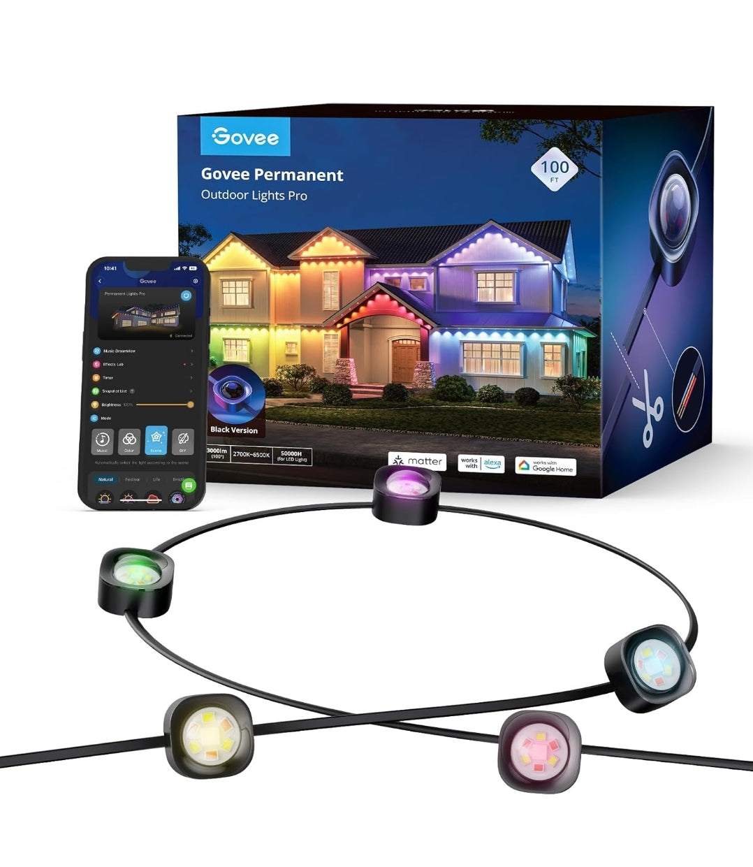 Permanent Outdoor Lights Pro, 100ft with 60 RGBIC LED Lights for Daily and Accent Lighting, 75 Scene Modes for Outdoor Decor, IP67 Waterproof, Works with Alexa, Google Assistant, Matter, Black