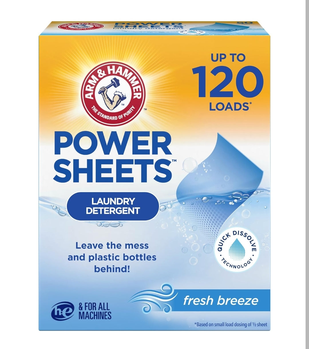 ARM & HAMMER Power Sheets Laundry Detergent, Fresh Breeze Scent, Dissolves in All Wash Temps (60ct)