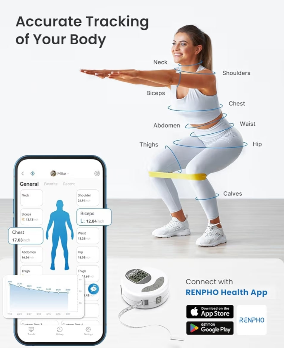 Body Measuring Bluetooth Smart Tape Measure w/ Lock Hook & Retractable Function, Accurate Body Fat Measurement Device - 60in /150cm