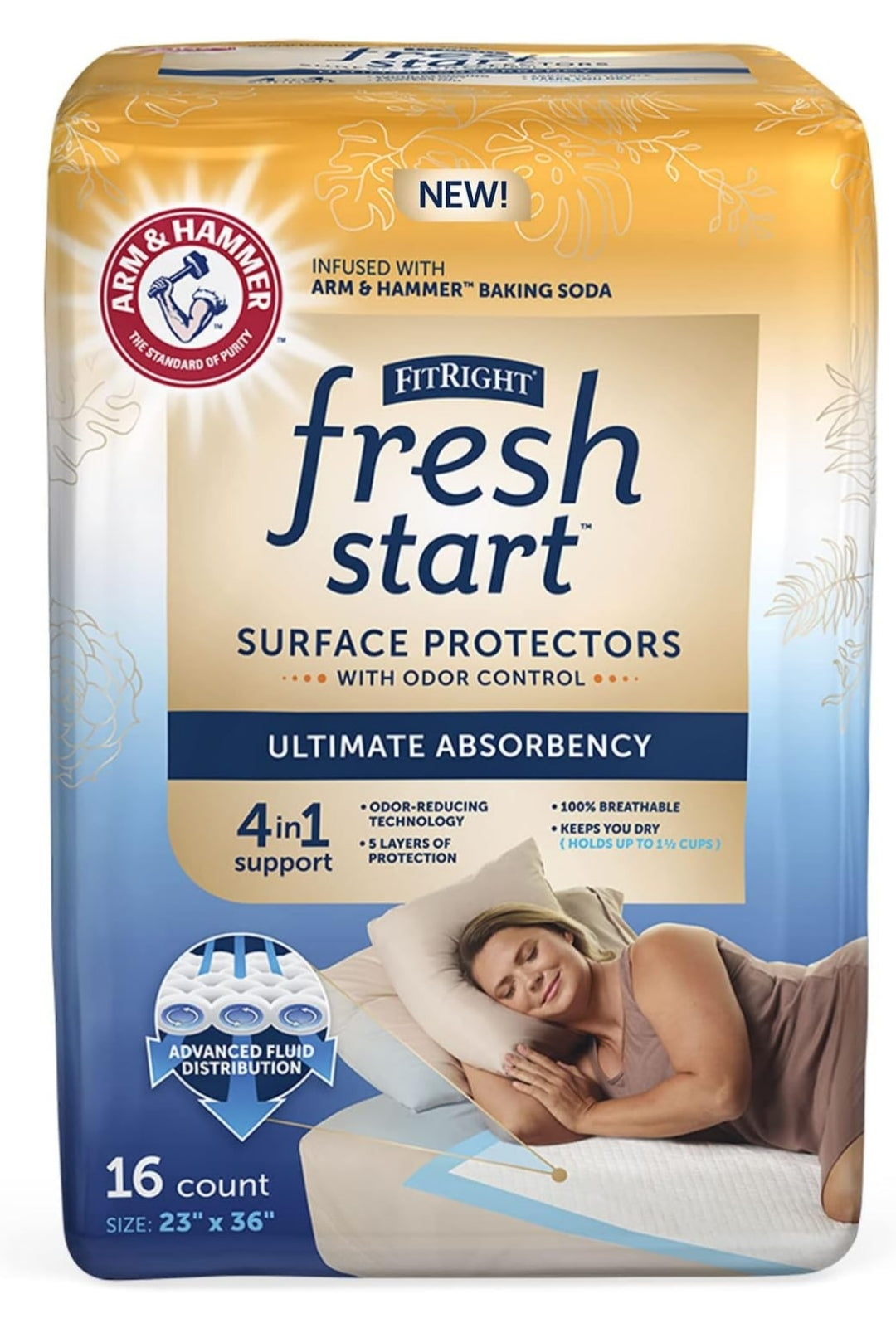 FitRight Fresh Start Disposable Underpads Absorbent Odor-Control Power of ARM & Hammer (16CT Pack of 1)
