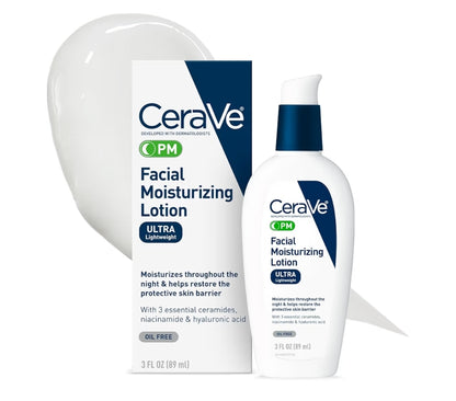 CeraVe PM Gesigbevogtigende Lotio, Nagroom met Hialuroonsuur en Niasinamied, Ultraligte, Olievrye Bevogtiger (3 onse)