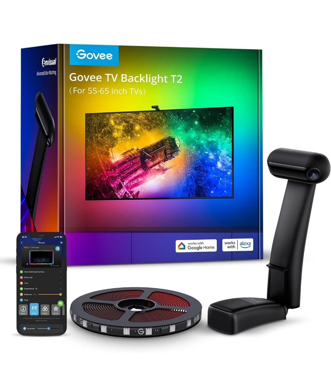 Govee Envisual TV LED Backlight T2 with Dual Cameras, 11.8ft RGBIC Wi-Fi LED Strip Lights for 55-65 inch TVs, Double Strip Light Beads, for Home Decorations, Smart App Control, Music Sync