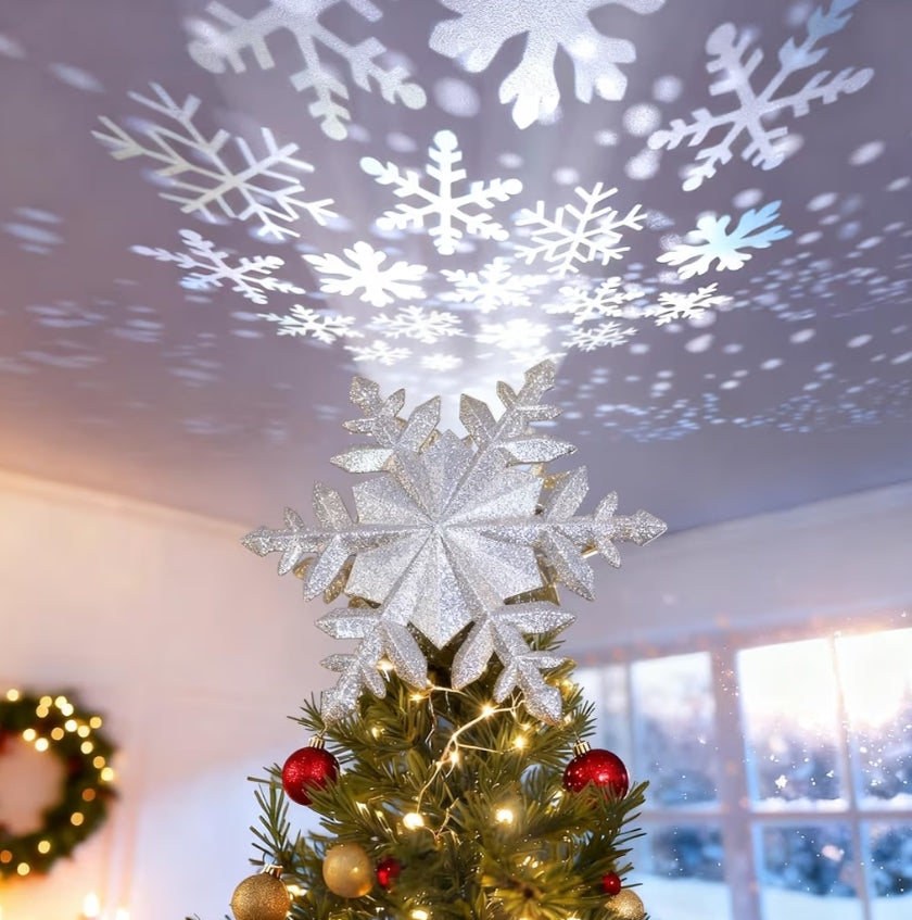 Christmas Tree Topper Lighted w/ Silver Snowflake Projector, Led Rotating, 3D Hollow Glitter Lighted Decorations
