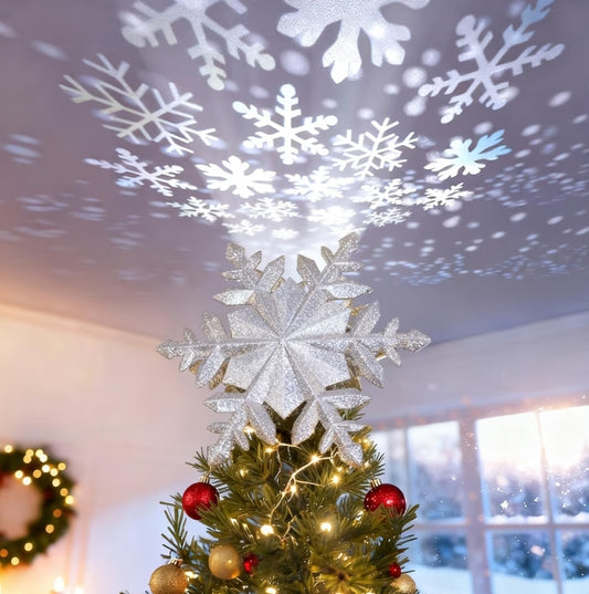 Christmas Tree Topper Lighted w/ Silver Snowflake Projector, Led Rotating, 3D Hollow Glitter Lighted Decorations