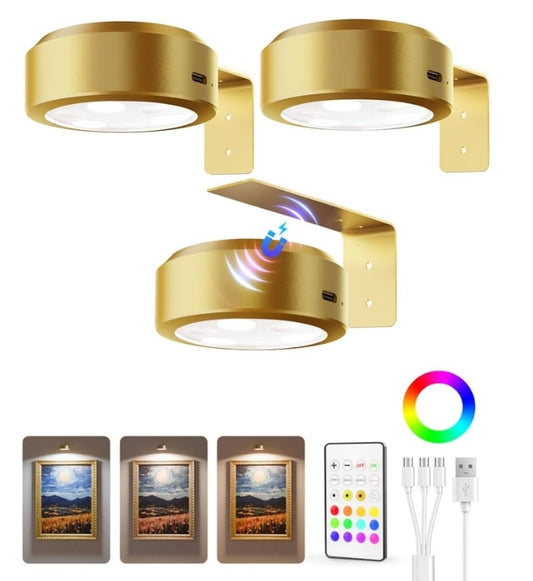 Picture Lights for Wall, 2000mAh Rechargeable Battery Magnetic Poster Lights with 3 Color Temps & 12 RGB, Remote Dimmable Timer (3 PK)