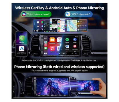 7" 32G Android Dubbel-Din Motorstereo met Agteruitry-kamera, Draadlose CarPlay & Android Auto Raakskerm, WiFi/Bluetooth/USB, 24 Band EQ DSP, FM/AM/TF Ondersteuning, MirrorLink