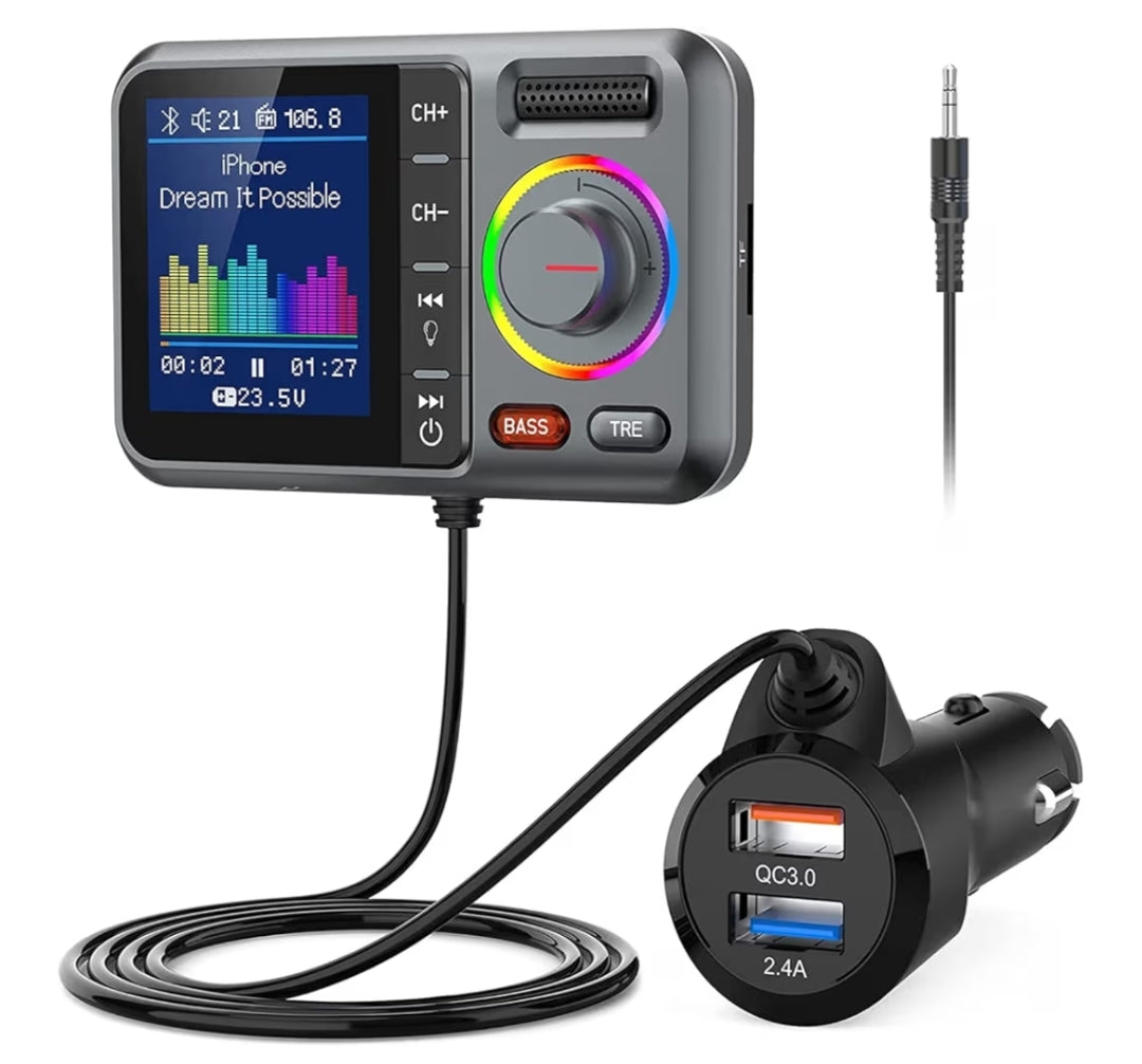 Bluetooth FM-senderadapter, ondersteun QC3.0-vinniglaai, handvry-oproep, MP3-musiekspeler TF-kaart AUX - Grys