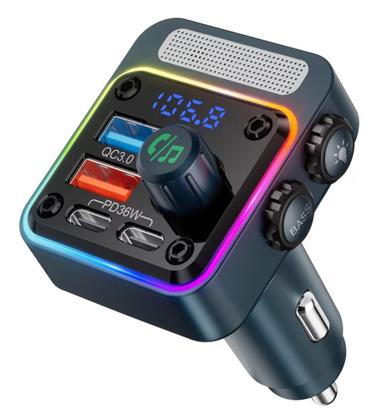 54W Bluetooth 5.3 Motorkaradapter met 4 Laaipoorte, Draadlose Radio FM-sender & 5 Kleure LED Agtergrondbeligting, Hands-free Oproepe - Blou