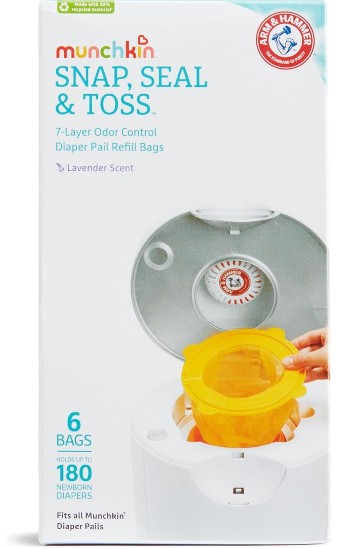 Munchkin Arm & Hammer Diaper Pail Snap, Seal & Toss™ Refill Bags, Holds up to 180 Newborn Diapers (6 Pack)