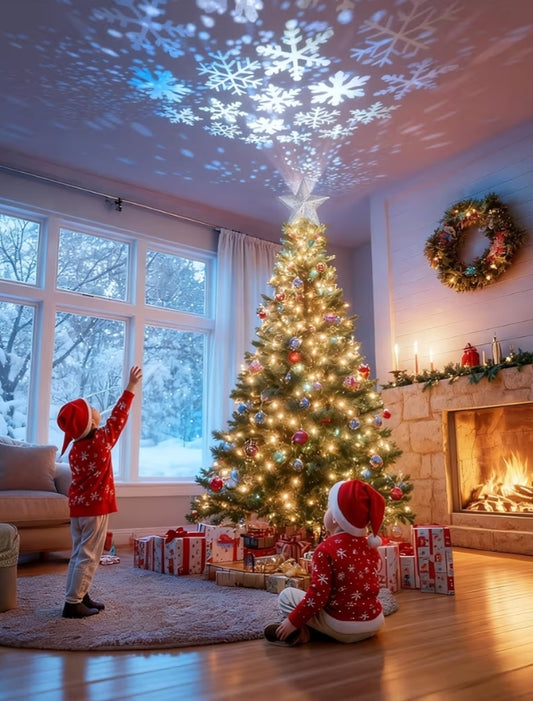 Christmas Tree Topper Lighted Star,3D Hollow Sparkling with Rotating Magic Cool White Snowflake Projector - (Silver)
