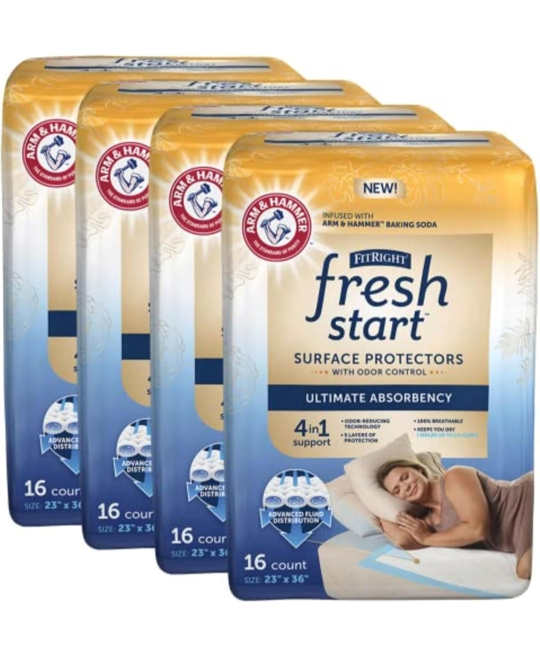 FitRight Fresh Start Disposable Underpads Absorbent Odor-Control Power of ARM & HAMMER (16CT Pack of 4)
