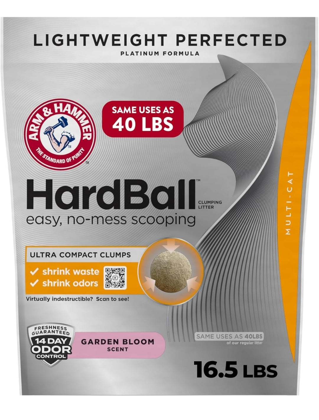 ARM & HAMMER Hardball Lightweight Platinum Multi-Cat Clumping Cat Litter Odor Control Garden Bloom Scent (16.5 Lbs.)