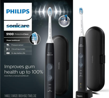 Philips Sonicare ProtectiveClean 5100 elektriese herlaaibare tandeborsel met opregte Philips Sonicare Optimal Gum Health-vervangingsborselkoppe, swart 3-pak