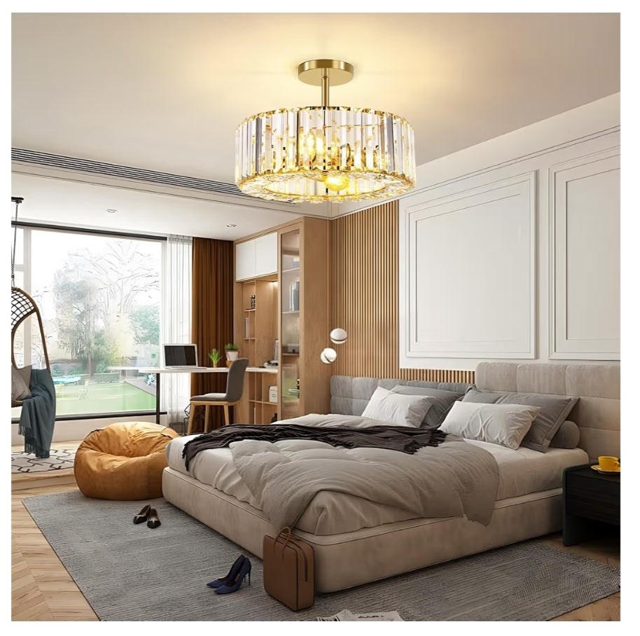 4-Lig Kristal Plafonlig - 14.56 Duim Moderne Semi-Opbou Plafonlig Kristalkandelaar - Goud