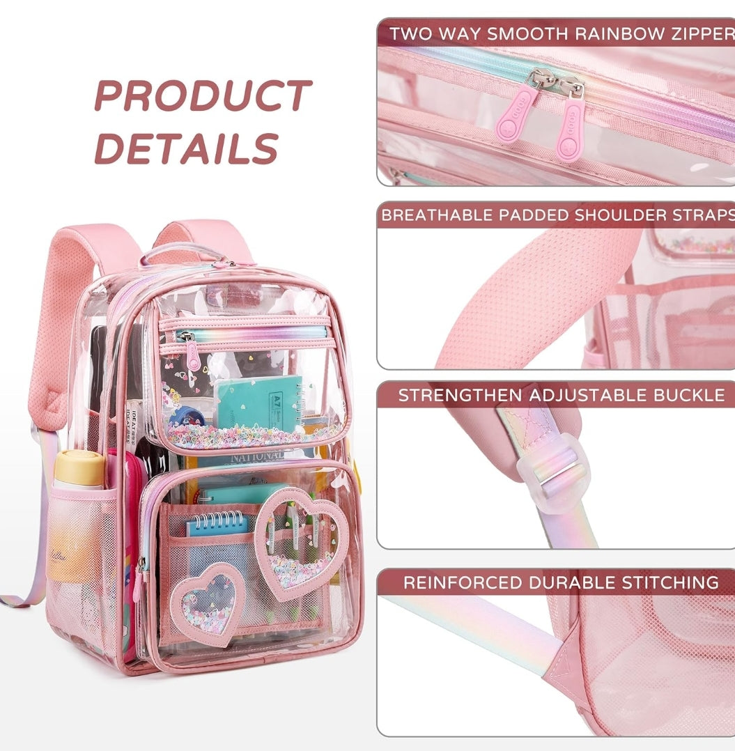 Clear Backpack for Girls Women Transparent Kids Elementary College School Bag Travel Laptop Backpacks Large Bookbags (Pink)
