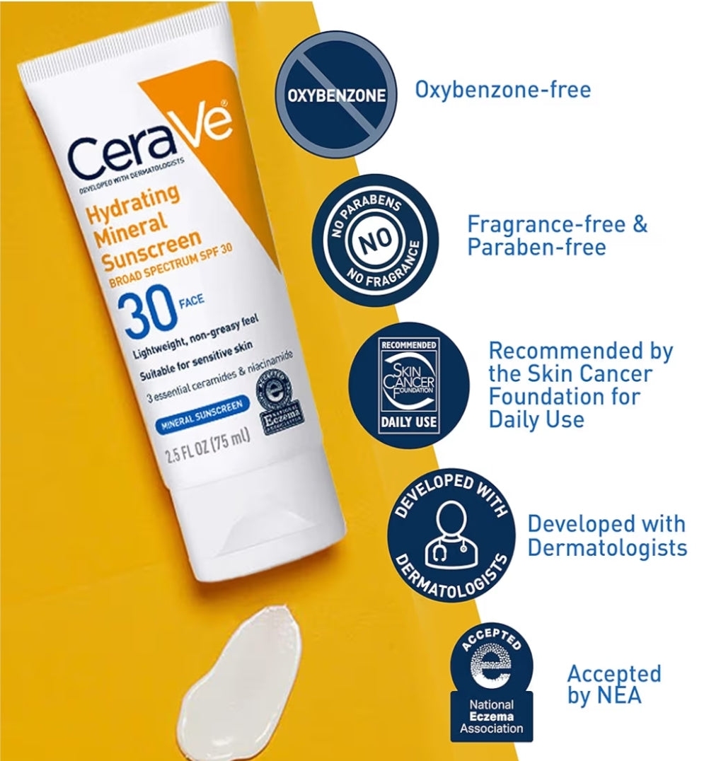 CeraVe 100% Mineral Sunscreen SPF 30 w/ Zinc Oxide & Titanium Dioxide, Hyaluronic Acid + Niacinamide + Ceramides Travel Size (2.5 oz)