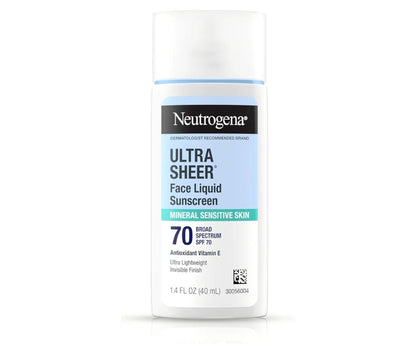 Neutrogena Ultra Sheer Mineral Face Liquid Sonbrandroom SPF 70, Breë Spektrum UVA UVB vir Sensitiewe Vel Hipoallergeen (1.4 fl oz)