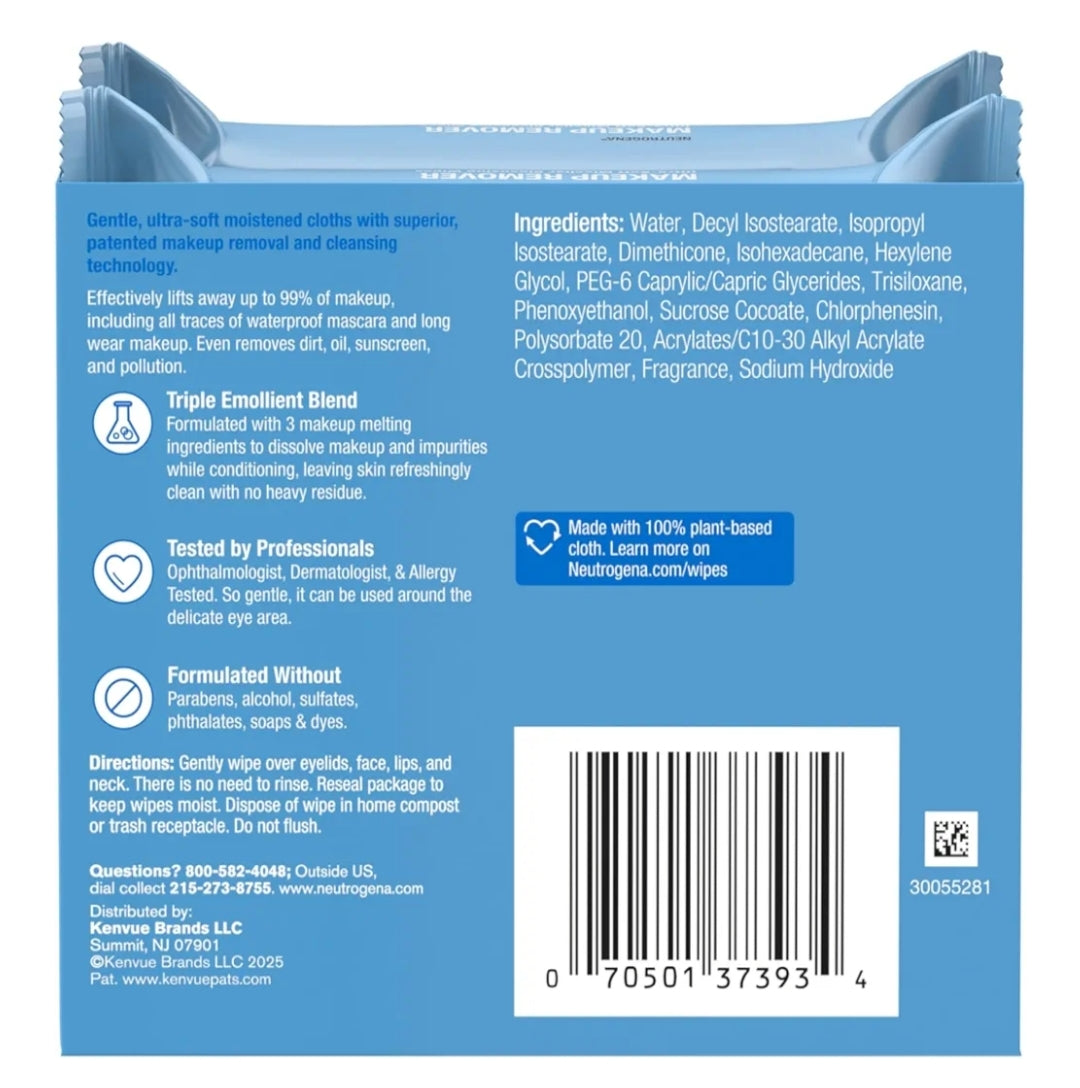 Neutrogena Micellêre Grimeerverwyderaar Doekies, Alkoholvrye Gesigdoekies Verwyder Waterdigte Maskara & Olie Komposteerbaar 100% Plantgebaseerd (Tweelingpak 2 x 25 stuks)