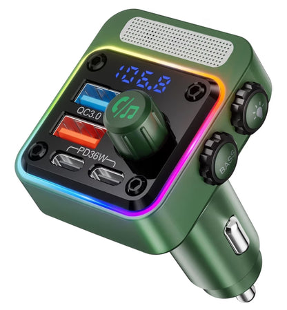 54W Bluetooth 5.3 Motoradapter met 4 Laaipoorte, Draadlose Radio FM-sender & 5 Kleure LED-agterlig, Hands-Free Oproepe – Groen