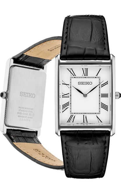 Seiko Essentials Horlosie Waterbestand m/ Vlekvrye Staal Reghoekige Kas en Leerband