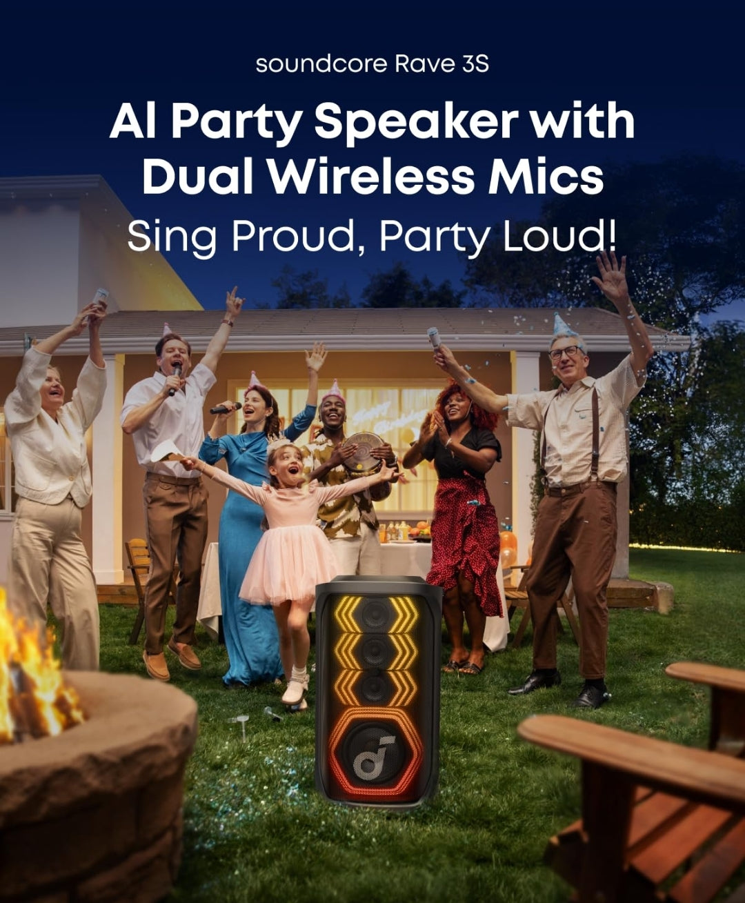 Soundcore Rave 3S AI Party Speaker with 2 Wireless Microphones, 200W Sound, AI Vocal Removal, Reverb, Light Show, 12H Playtime, Portable Bluetooth PA System for Home, Party, or Backyard
