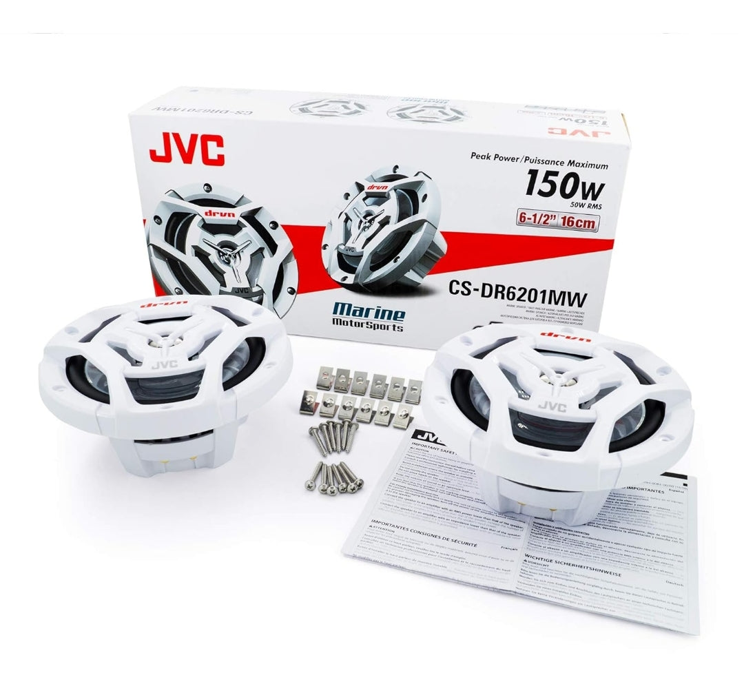 JVC CS-DR6200M Marine 6.5" 2-rigting Koaksiale Luidspreker - Stel van 2 (Wit) met Waterbestande Woofers / UV-bestande Roosters / Maks Krag 150W