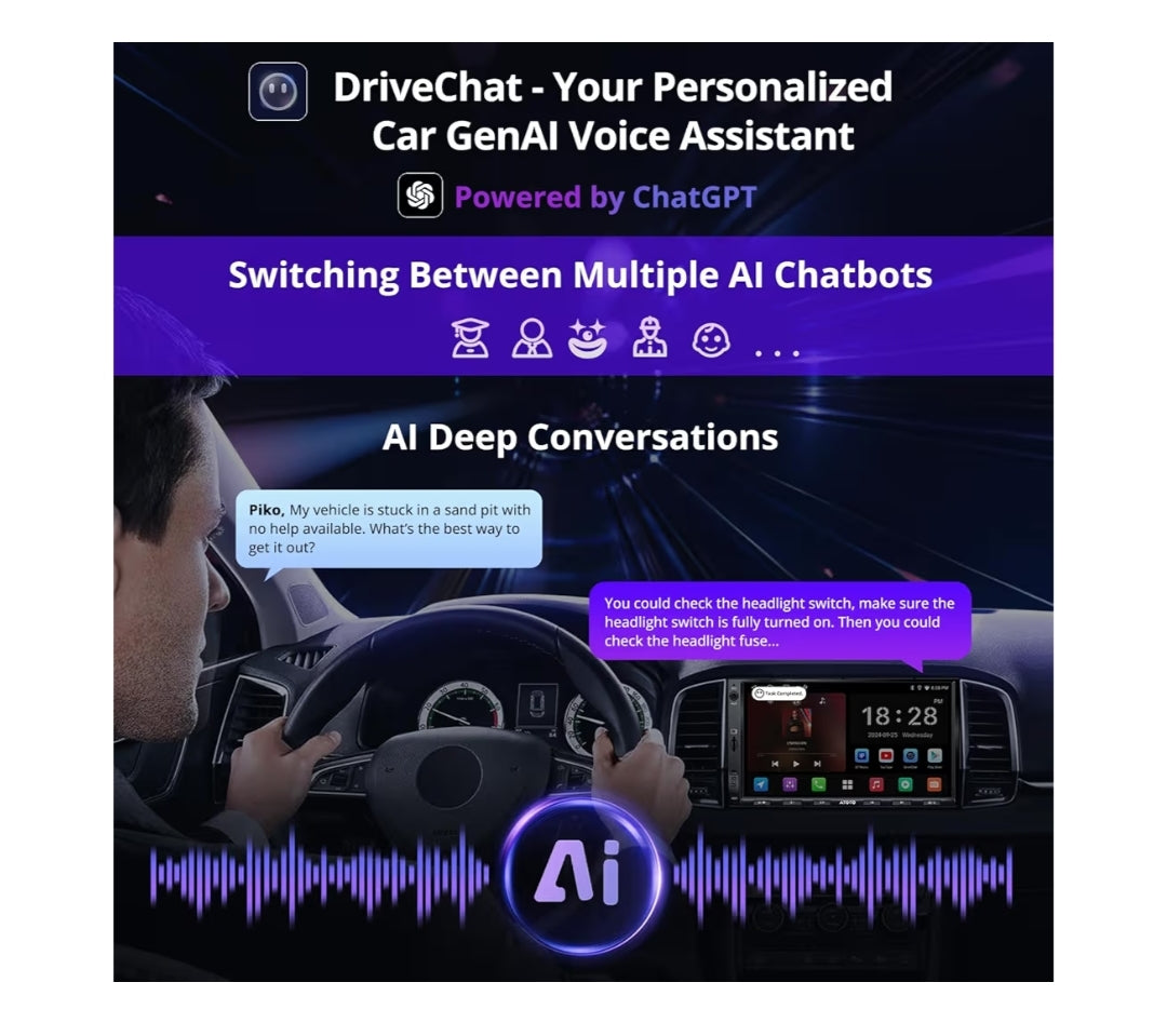 7" Dubbel-DIN Kar Stereo, Draadlose CarPlay & Android Auto raakskerm, Wi-Fi/BT/USB-ankering, Bluetooth, 24B-EQ DSP, MirrorLink, GPS/SWC/FM/AM, AI Chat