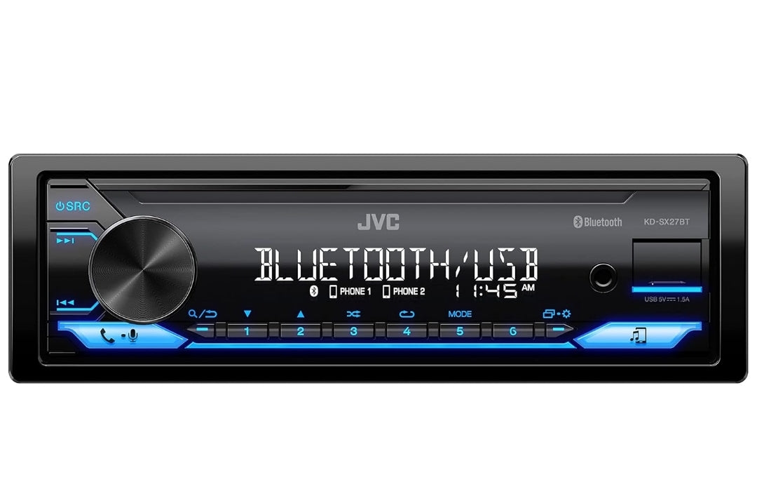 JVC KD-SX27BT Motorstereo met Bluetooth, 100W Digitale Media-ontvanger, 1.5A USB om Toestelle te Laai, Enkel DIN Hoofeenheid, AM/FM, Aux-in, JVC Afstandsbeheer Toepassing