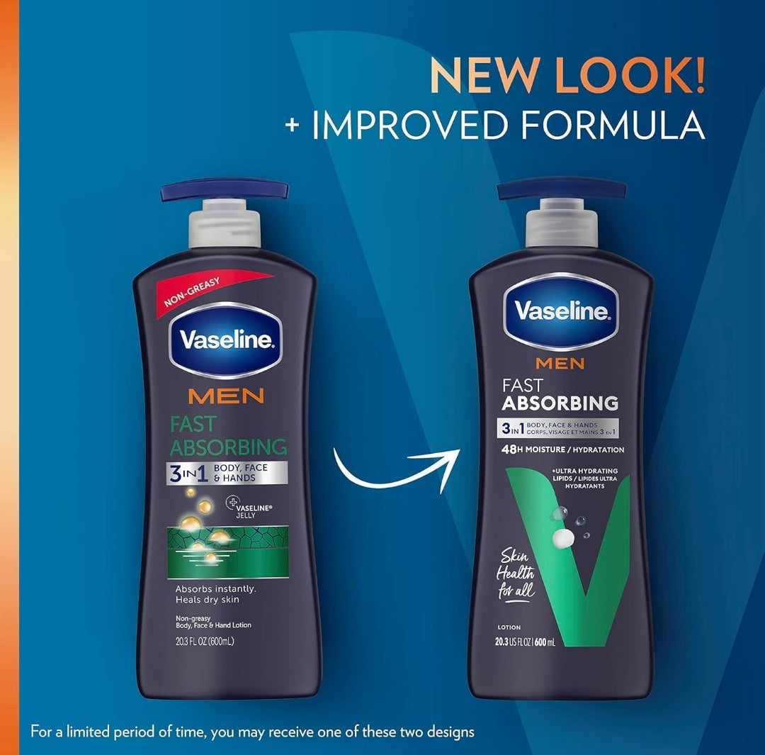 Vaseline Men Fast Absorbing 3-in-1 Face, Hands & Body Lotion for Men, 4 pack For Dry Skin,Absorbs in Just 15 Seconds for Moisturized Skin 20.3 Oz