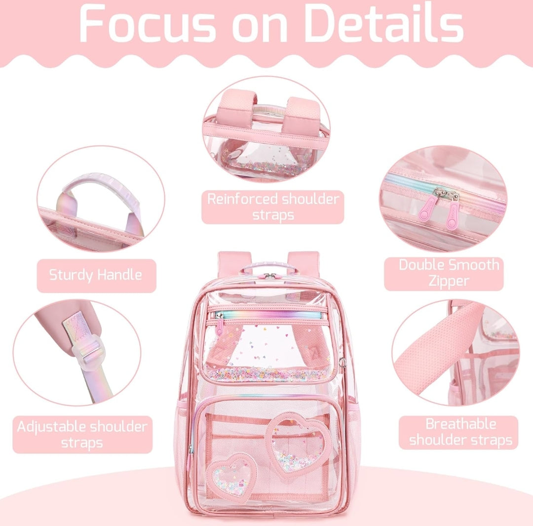 Girls Clear Backpack,2 PCS Large Backpacks Set,Heavy Duty Bookbag Stadium Approved Daypack Transparent Women Bag See Through Daypack for Kids Elementary Middle School Students Teens Sport Pink