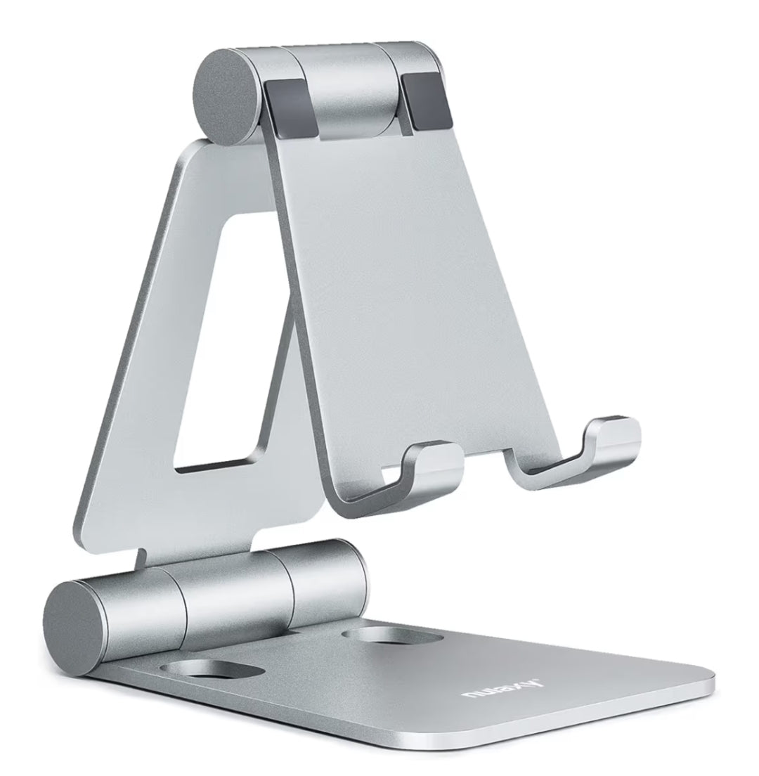 Dubbelvouende ten volle verstelbare opvoubare foonstaanderversoenbaar met iPhone 11-17 Pro Max Xs Xr X 8, Nintendo Switch, alle fone - (Silwer)