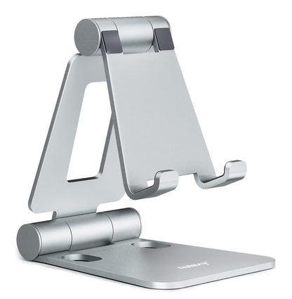 Dubbelvouende ten volle verstelbare opvoubare foonstaanderversoenbaar met iPhone 11-17 Pro Max Xs Xr X 8, Nintendo Switch, alle fone - (Silwer)