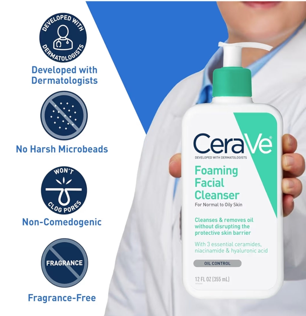 CeraVe Skuimende Gesigsreiniger, Daaglikse Gesigwas vir Olierige Vel, Hialuronzuur + Seramiede + Niasienamied, Geurvry en Parabenvry (16 oz)