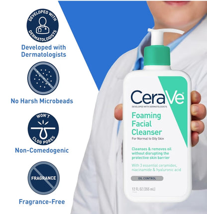 CeraVe Skuimende Gesigsreiniger, Daaglikse Gesigwas vir Olierige Vel, Hialuronzuur + Seramiede + Niasienamied, Geurvry en Parabenvry (16 oz)