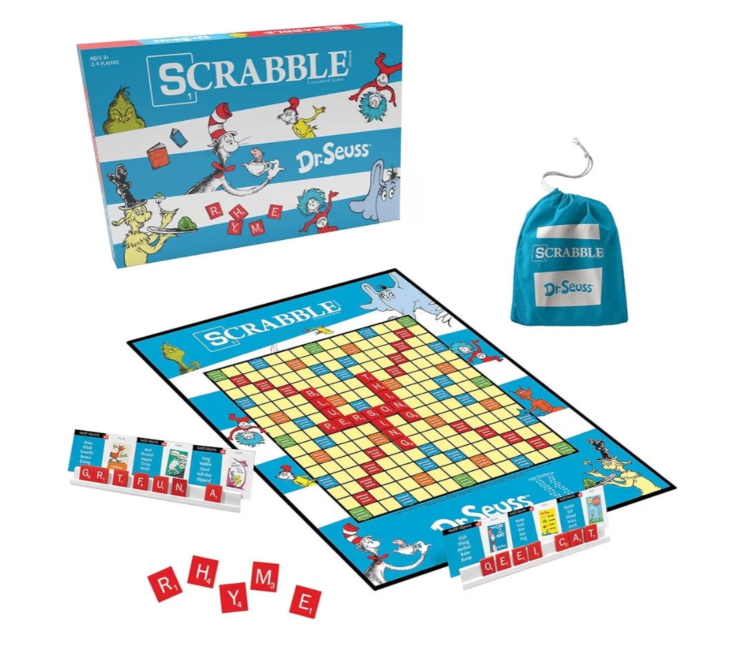 Scrabble Dr. Seuss Board Game | Official Scrabble Game with a Rhyming Twist | Custom Dr. Seuss Cards and Themed Scrabble Board | Bonus Points | Play Traditional Rules Plus New Features