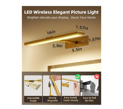 Prentbeligting vir Muur, 4800mAh Herlaaibare Koordlose Afstandbeheerligte, 16'' Dimbaar Magnetiese LED-Lig met 3 Kleurtemperature (Goud)