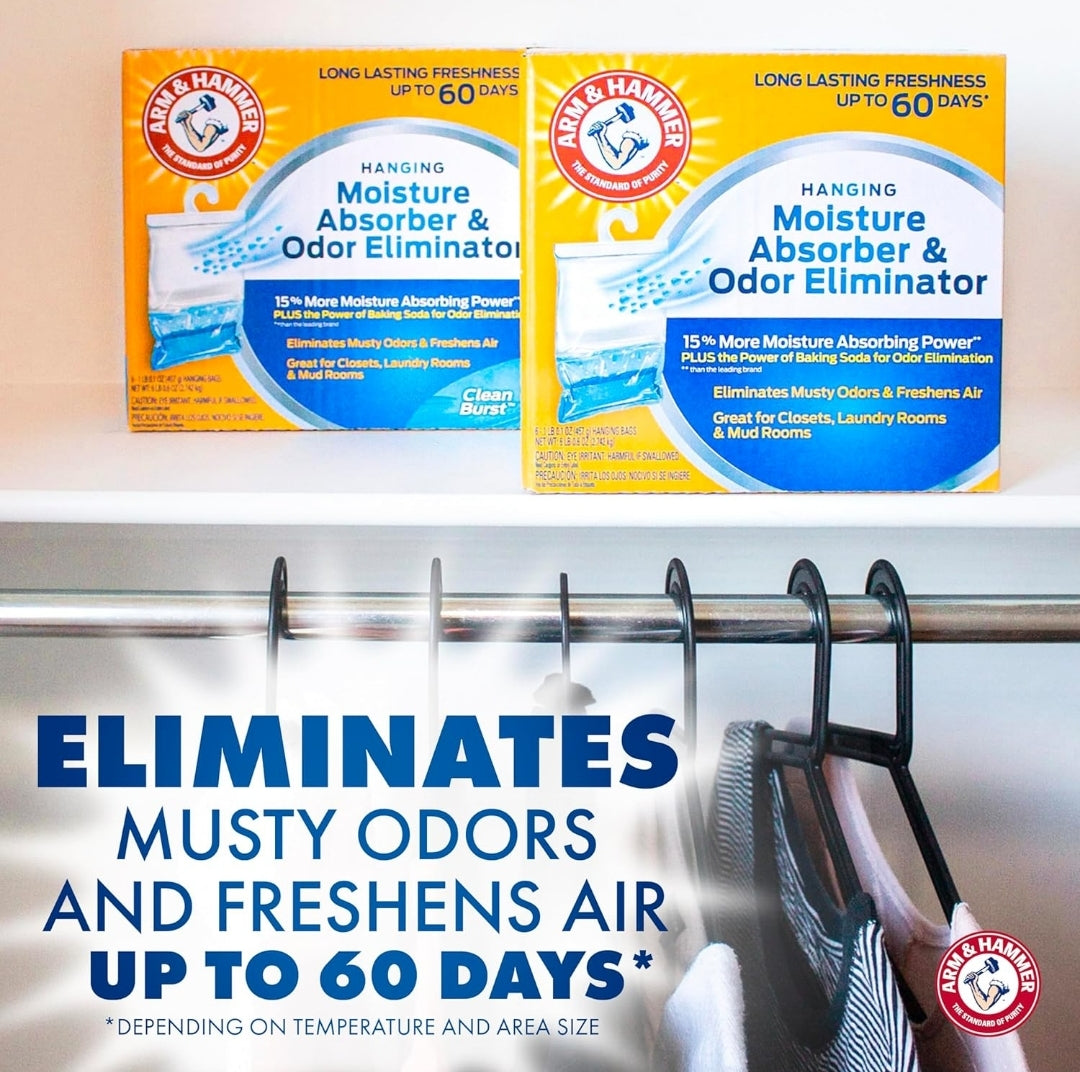 Arm & Hammer Hanging Moisture Absorber and Odor Eliminator, 16.1 oz., 6 Pack, Clean Burst, Moisture Absorbers for Closet and Small Rooms, Long-Lasting Freshness
