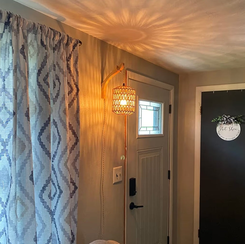 Handgeweefde Rottangligte Insteekmuurlampe Boho Beligting Stel van Twee, Lamp met Koord, Gemonteerde Lig
