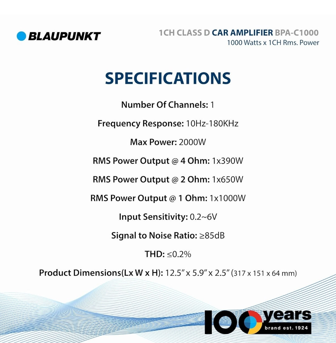 BLAUPUNKT BPA-C1000 Elite C-Series Car Audio Mono Block Class D Amplifier - 1000 Watts x 1-Channel Rms - 2000 Watts Max Power Monoblock Amp - Black