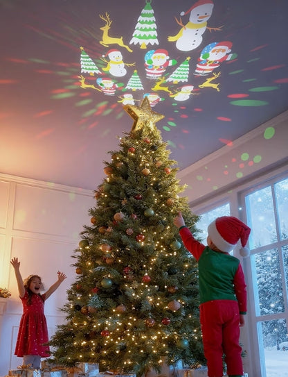 Kersboomtopligte Ster met 6 Geprojekteerde Patrone, 3D Hol met Roterende Magiese Projektor vir Kersboomornament - (Goud)
