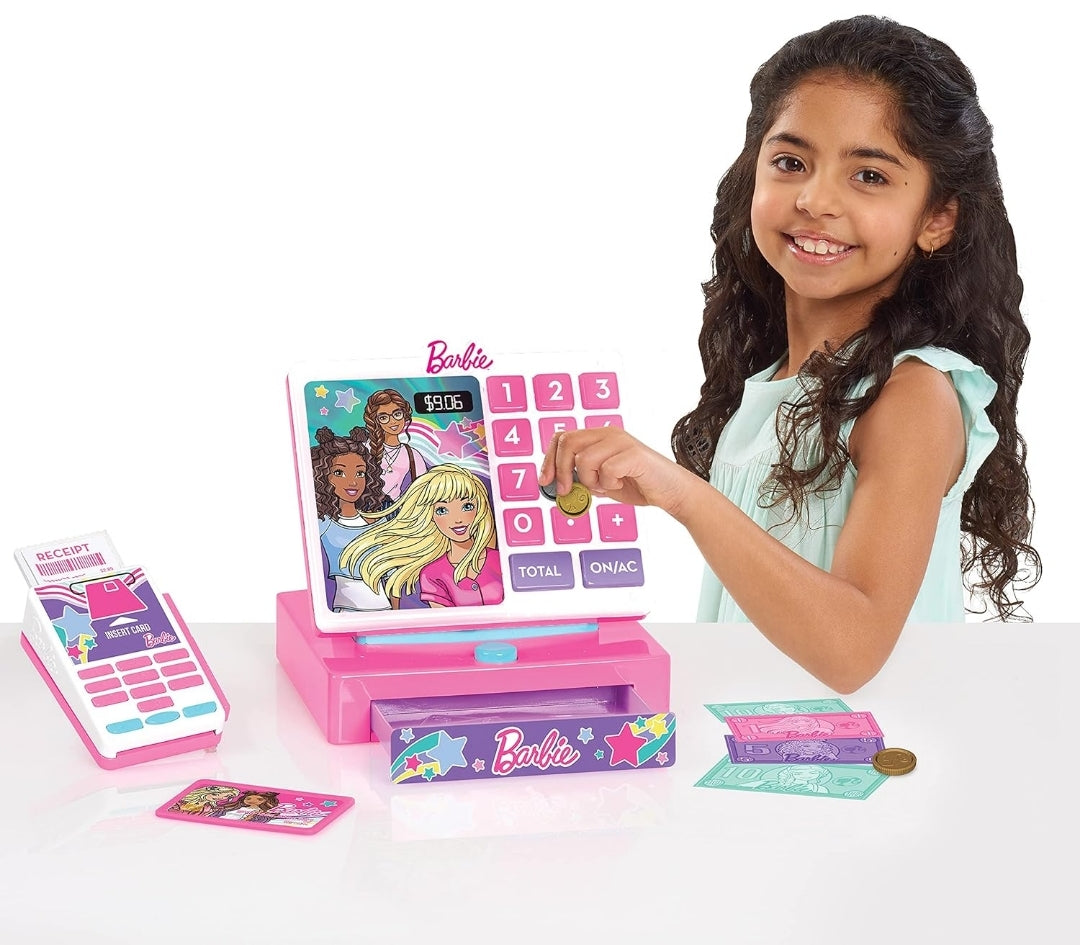Just Play Barbie Trendy Cash Register with Sounds, Pretend Money, and Credit Card Reader, 9 Piece Playset, Kids Toys for Ages 3 Up