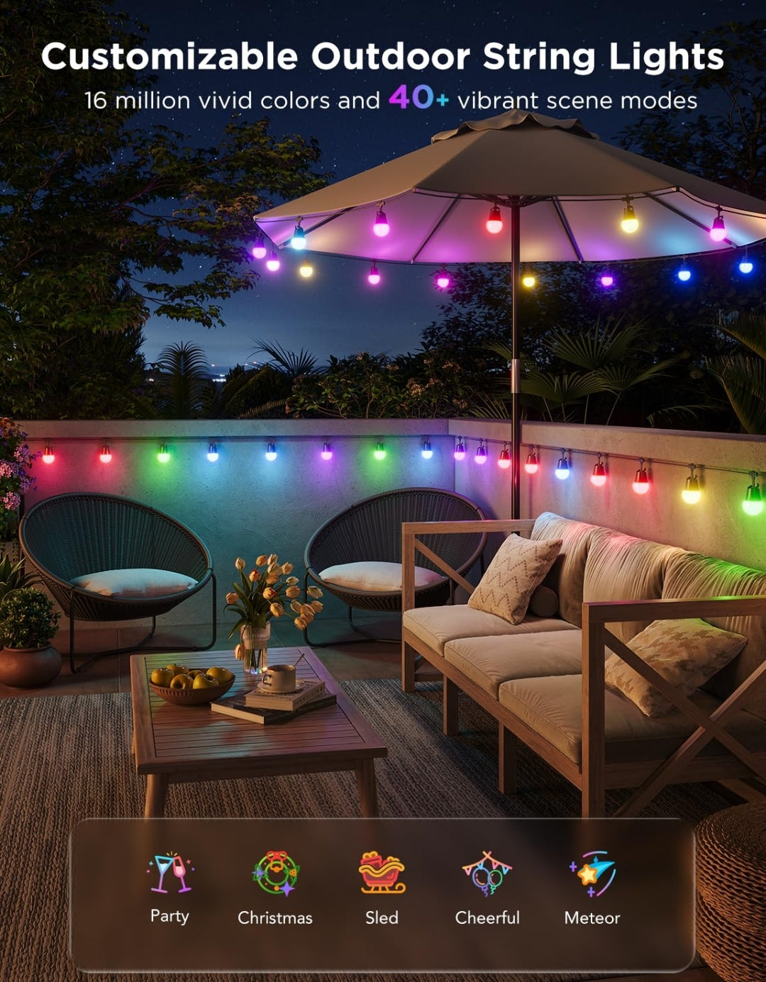 Govee Smart Outdoor String Lights 2, 144ft Outdoor Lights with Dimmable Warm White LED Bulbs, 47 Scene Modes for Patio, Backyard, Balcony, IP65 Waterproof, Works with Alexa, App Control