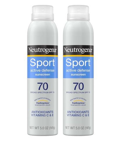 Neutrogena Sport Active Defense SPF 70 Sonbeskermingssproei, Sweet- en Waterbestand Oksibensoonvry, Dubbelpak (5 oz)