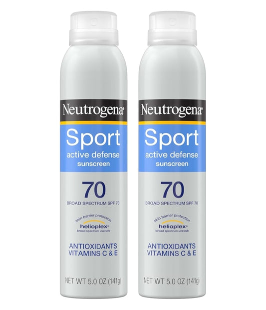 Neutrogena Sport Active Defense SPF 70 Sonbeskermingssproei, Sweet- en Waterbestand Oksibensoonvry, Dubbelpak (5 oz)